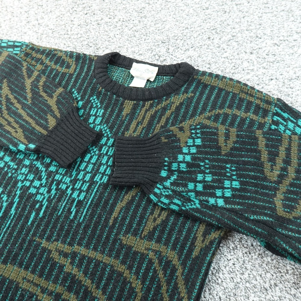VTG Cosby Sweater Mens XL Black Green Geometric Crewneck Wool Italy Pullover 90s